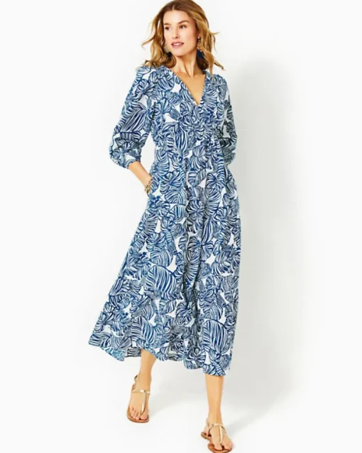 Flash Sale Deacon 3/4 Sleeve V-Neck Cotton Maxi Dress Women Dresses