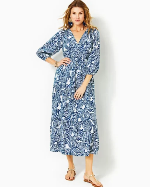 Flash Sale Deacon 3/4 Sleeve V-Neck Cotton Maxi Dress Women Dresses