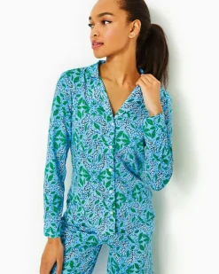 Hot Pajama Knit Long Sleeve Button-Up Top Women Loungewear