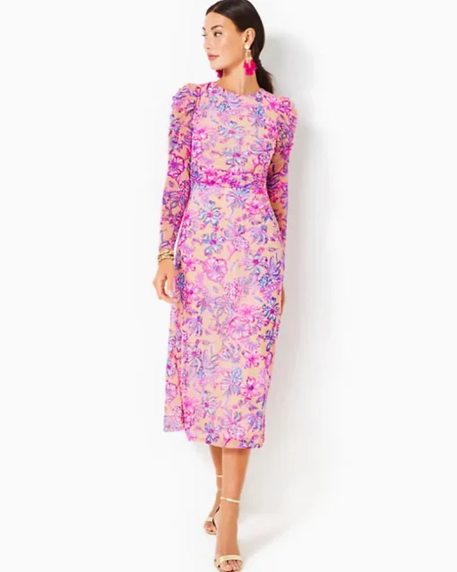Outlet Preslie Long Sleeve Mesh Midi Dress Women Dresses