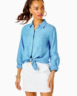 Cheap Sea View Linen Button Down Top Women Tops