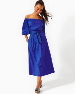 Cheap Shawnlee Elbow Sleeve Off-The-Shoulder Cotton Midi Dress Women Dresses